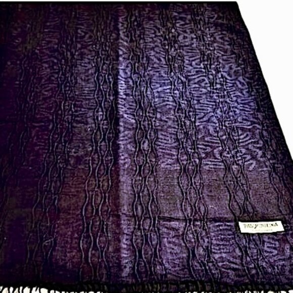 100% Pashmina Wrap Shawl Scarf Crinkled Texture Fringe Navy Blue EC - Picture 4 of 5